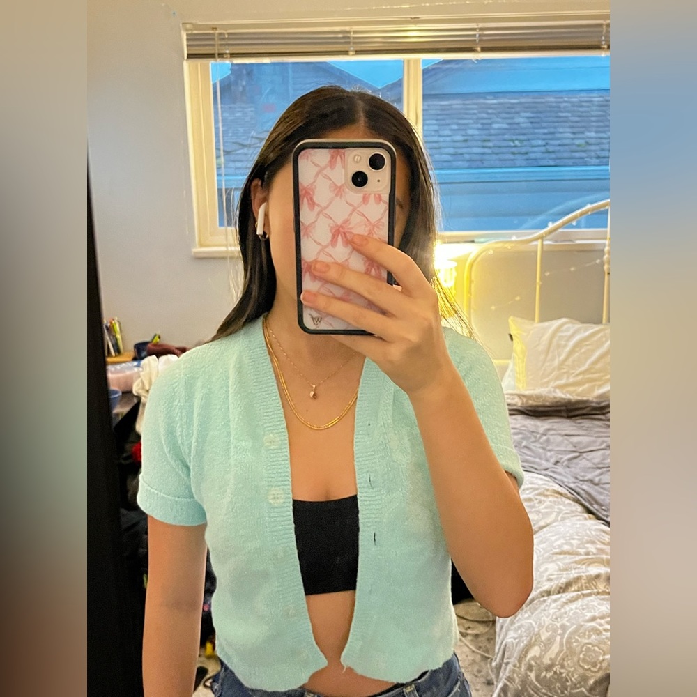 Light blue/aqua button up top